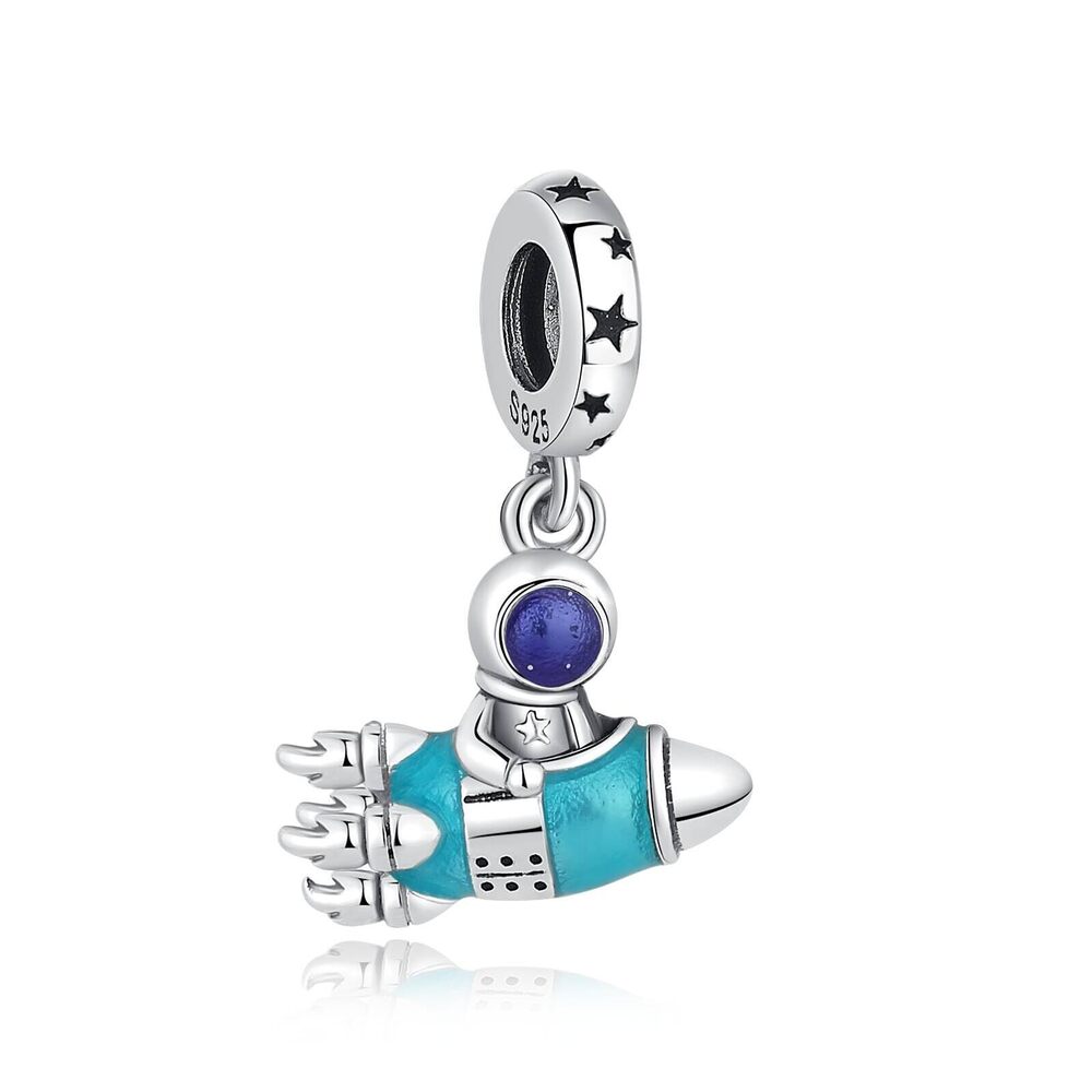 6976 S925 Sterling Silver Astronaut Riding in a Rocket with Rhinestone